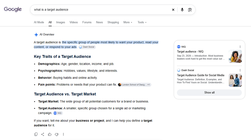 Google AI Overview screenshot, "what is a target audience?"